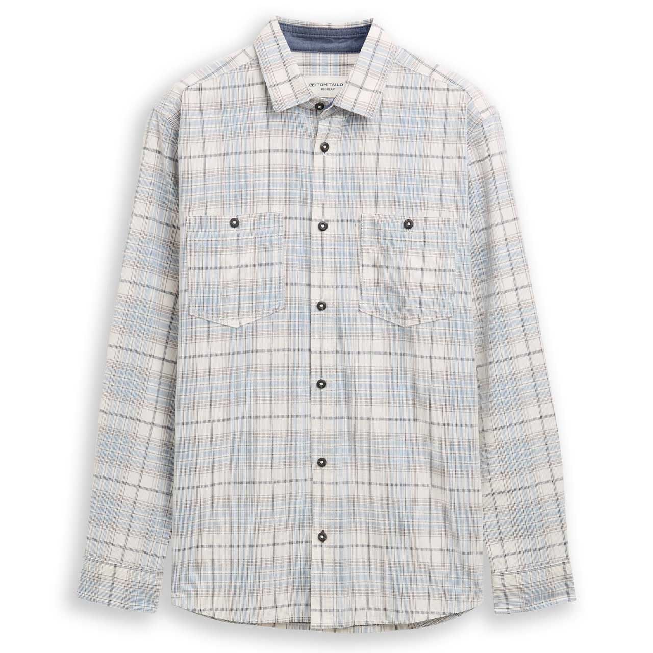 Tom Tailor Herren Langarm Cord Hemd white blue check