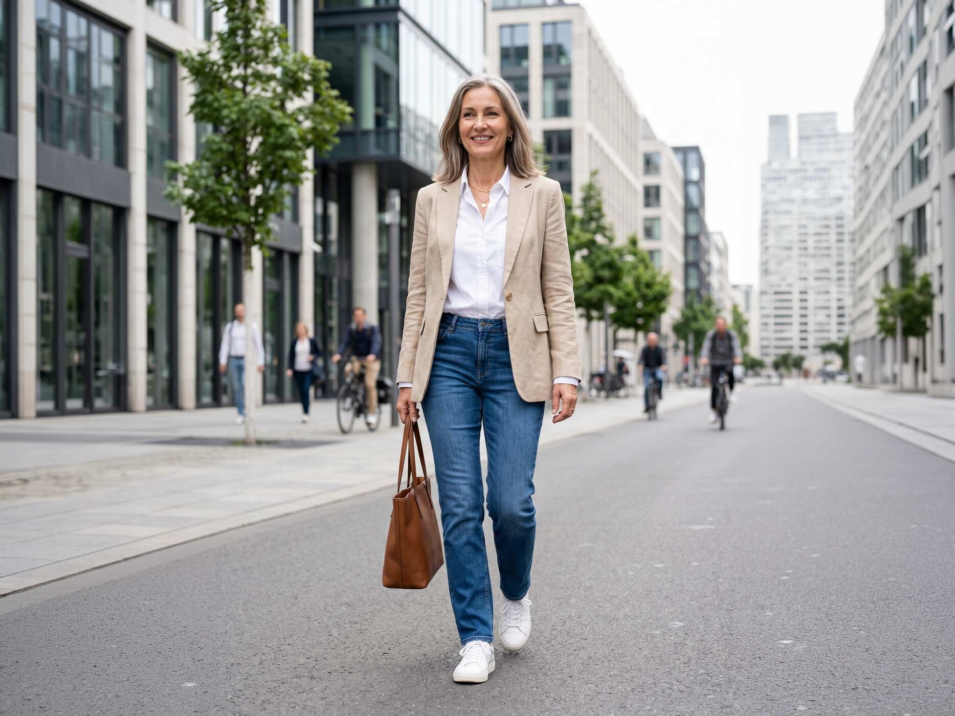 Eine Frau mit schwarzem Blazer, wei&szlig;em T-Shirt, wei&szlig;en Sneakern und einer blauen Straight Leg Jeans l&auml;uft entspannt durch eine moderne Einkaufsstra&szlig;e.