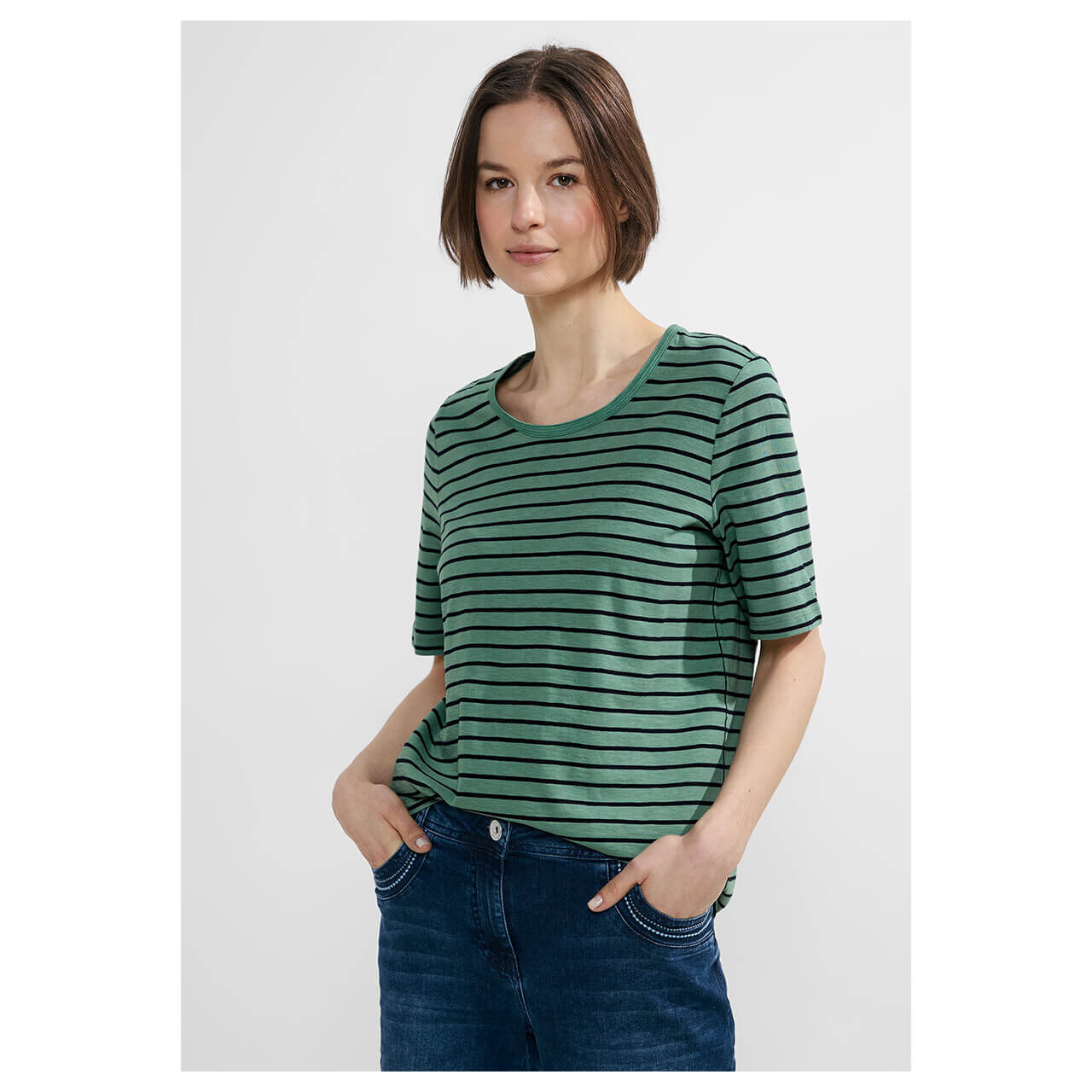 Cecil Damen T-Shirt Stripe Basic Roundneck raw salvia green