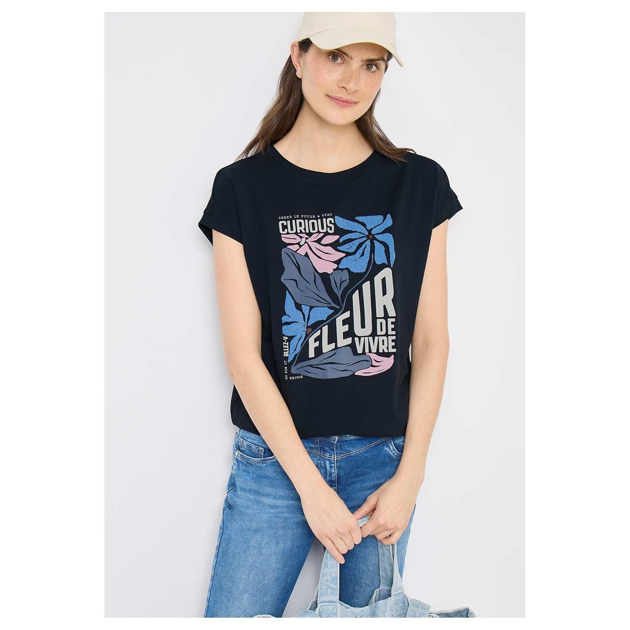 Damen T-Shirt Multi Fleur von Cecil in Dunkelblau mit Print, Vorderansicht am Model