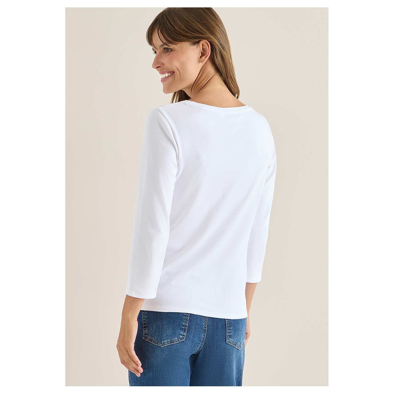 Damen 3/4 Arm Shirt Basic Boatneck von Cecil in Weiß, Rückansicht am Model