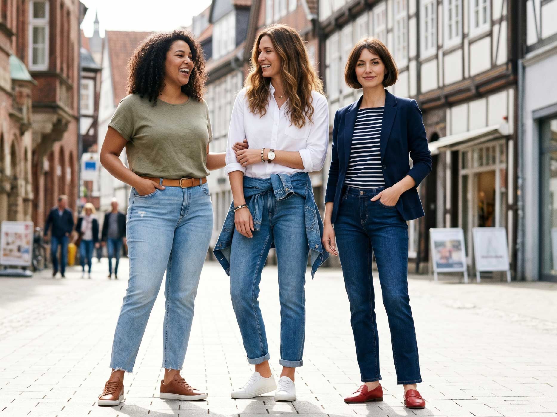 Drei Frauen mit unterschiedlichen Figuren laufen gemeinsam durch eine Fu&szlig;g&auml;ngerzone. Sie tragen Jeans in verschiedenen Waschungen und kombinieren diese mit T-Shirt, Bluse, Blazer und Jeansjacke. Das Bild verdeutlicht, wie vielseitig klassische Jeansschnitte im Alltag getragen werden k&ouml;nnen.