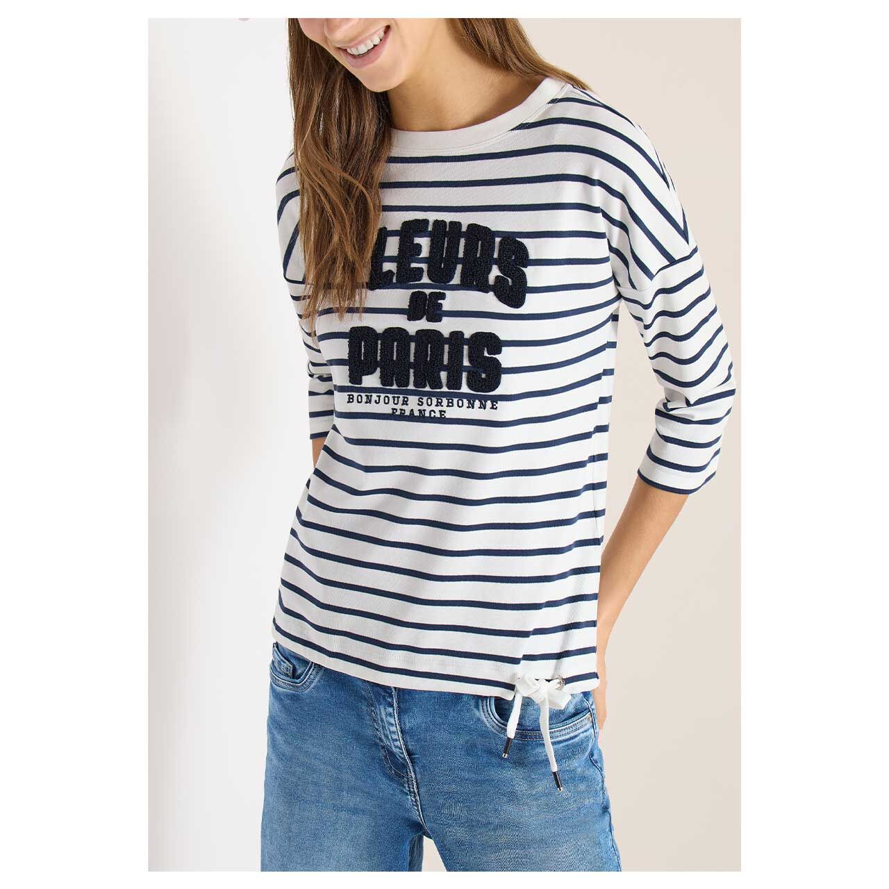 Damen 3/4 Arm Shirt Striped Fleurs von Cecil in Dunkelblau gestreift, Vorderansicht am Model