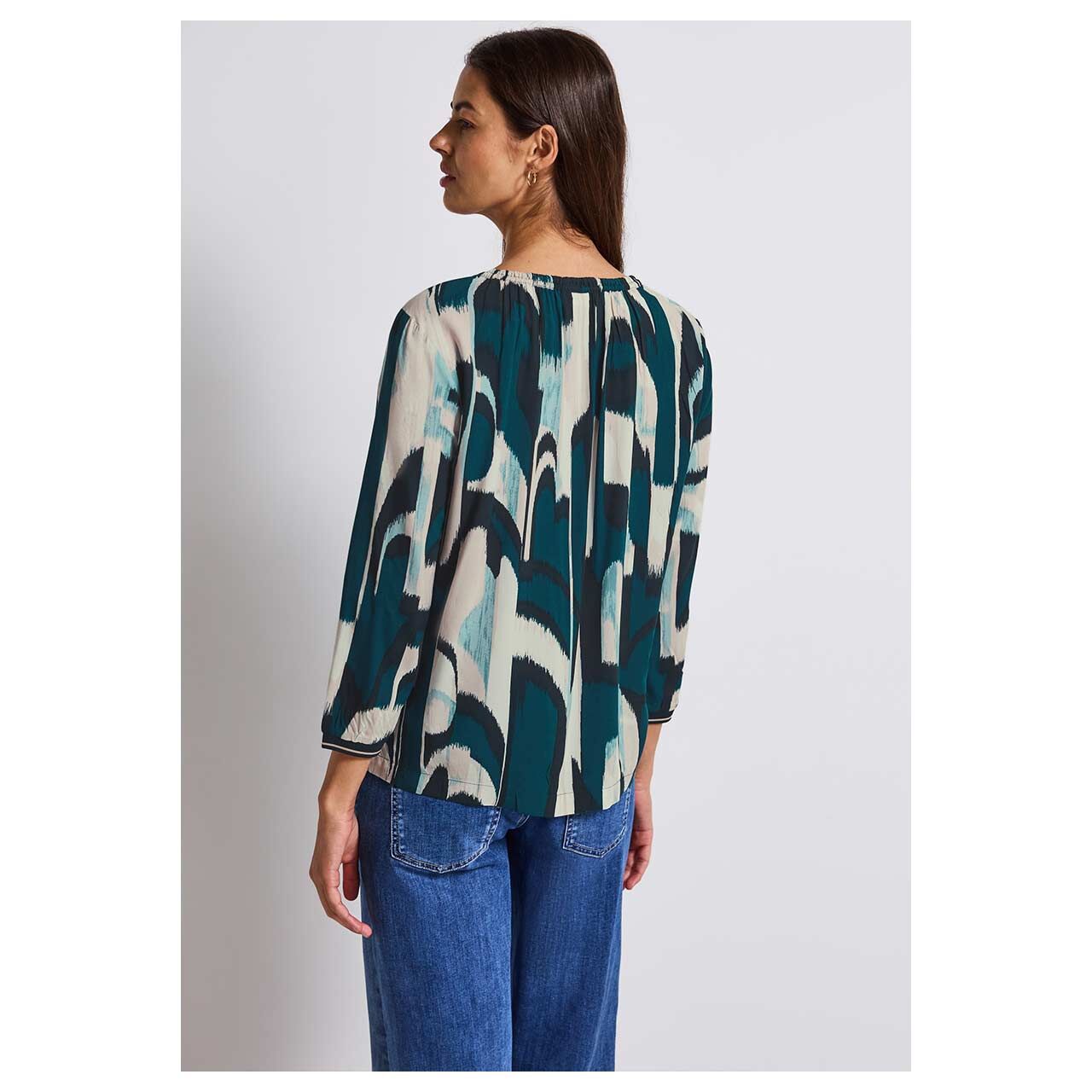 Damen 3/4 Arm Bluse Tunic with Tape von Street One in Petrol mit Print, Rückansicht am Model