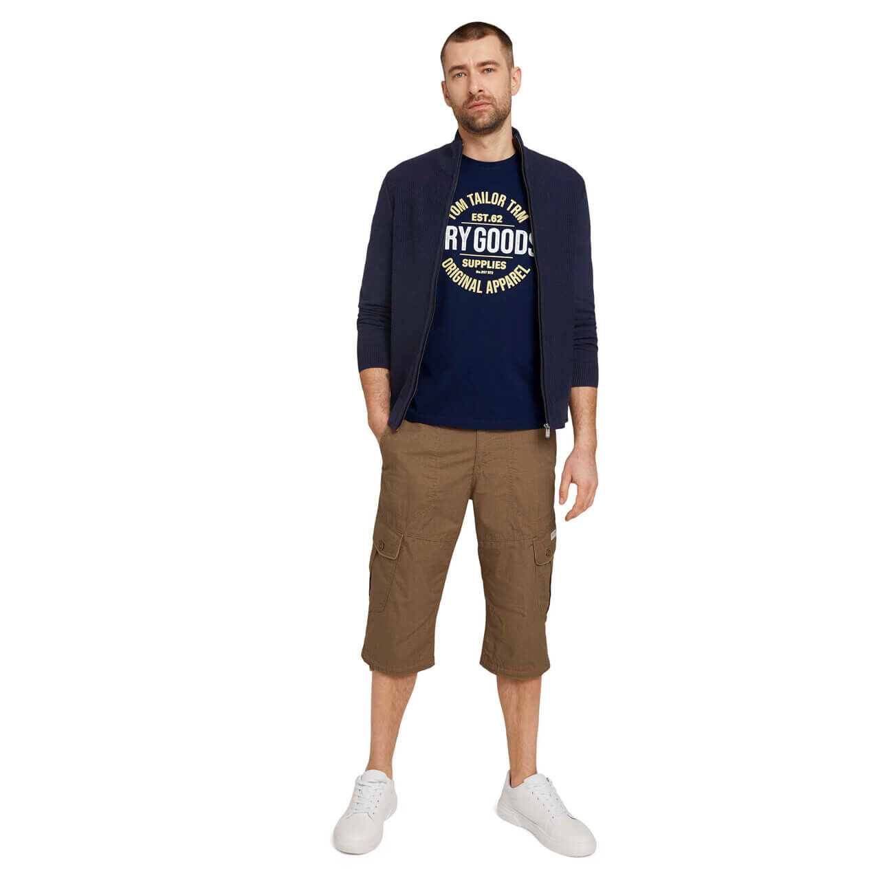 tom-tailor-jeans-max-overknee-braun-27216-ansicht-vorne Tom Tailor Max Overknee 3/4 Cargo Baumwollhose für Herren in Beige mit Print, FarbNr.: 27216