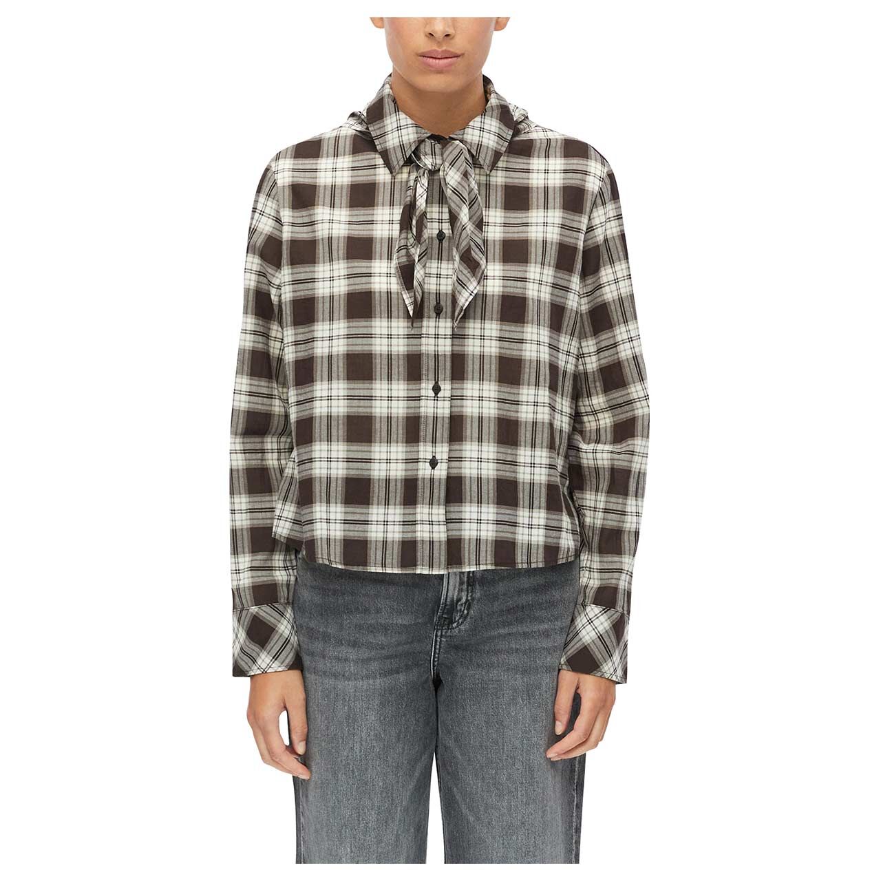 Damen Langarm Bluse von s.Oliver in Dunkelbraun kariert, Vorderansicht am Model