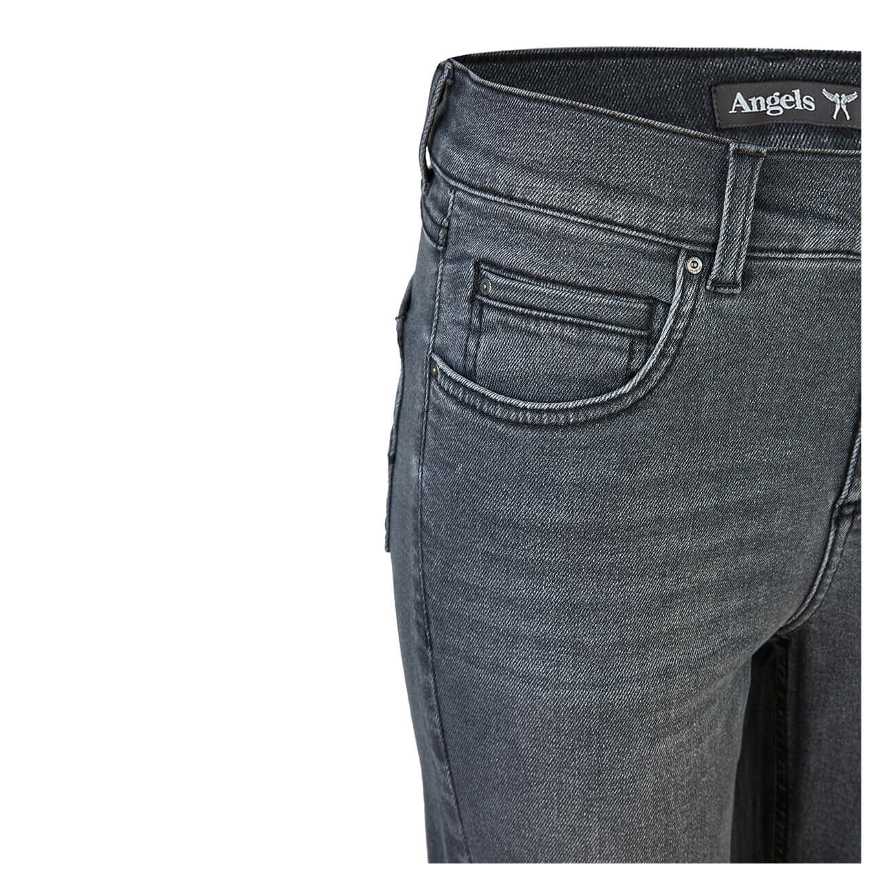 angels-jeans-cici-grey-used-buffi-crinkle-detail Stretch Damenjeans Cici von Angels in Dunkelgrau, Detailansicht Hosentasche und Bund