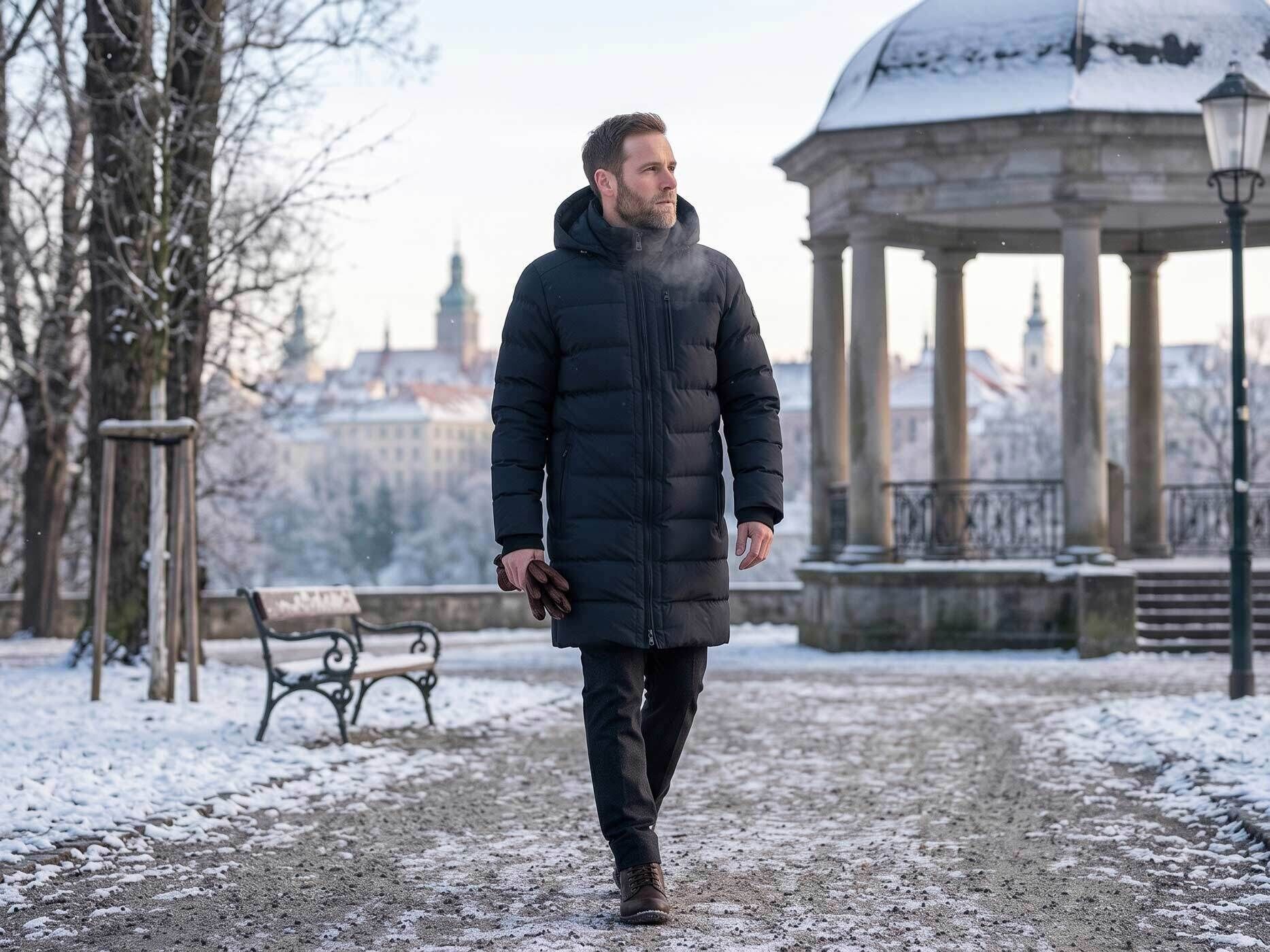 Ein Mann mit kurzen braunen Haaren spaziert in einer winterlichen Atmosph&auml;re. Er tr&auml;gt eine lange schwarze Winterjacke und eine dunkle Hose.