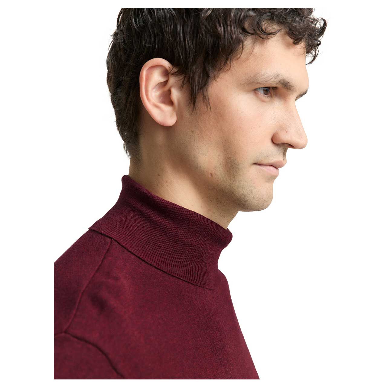 Herren Rollkragen Pullover Basic Turtleneck Knit von Tom Tailor in Weinrot meliert, Detailansicht am Model