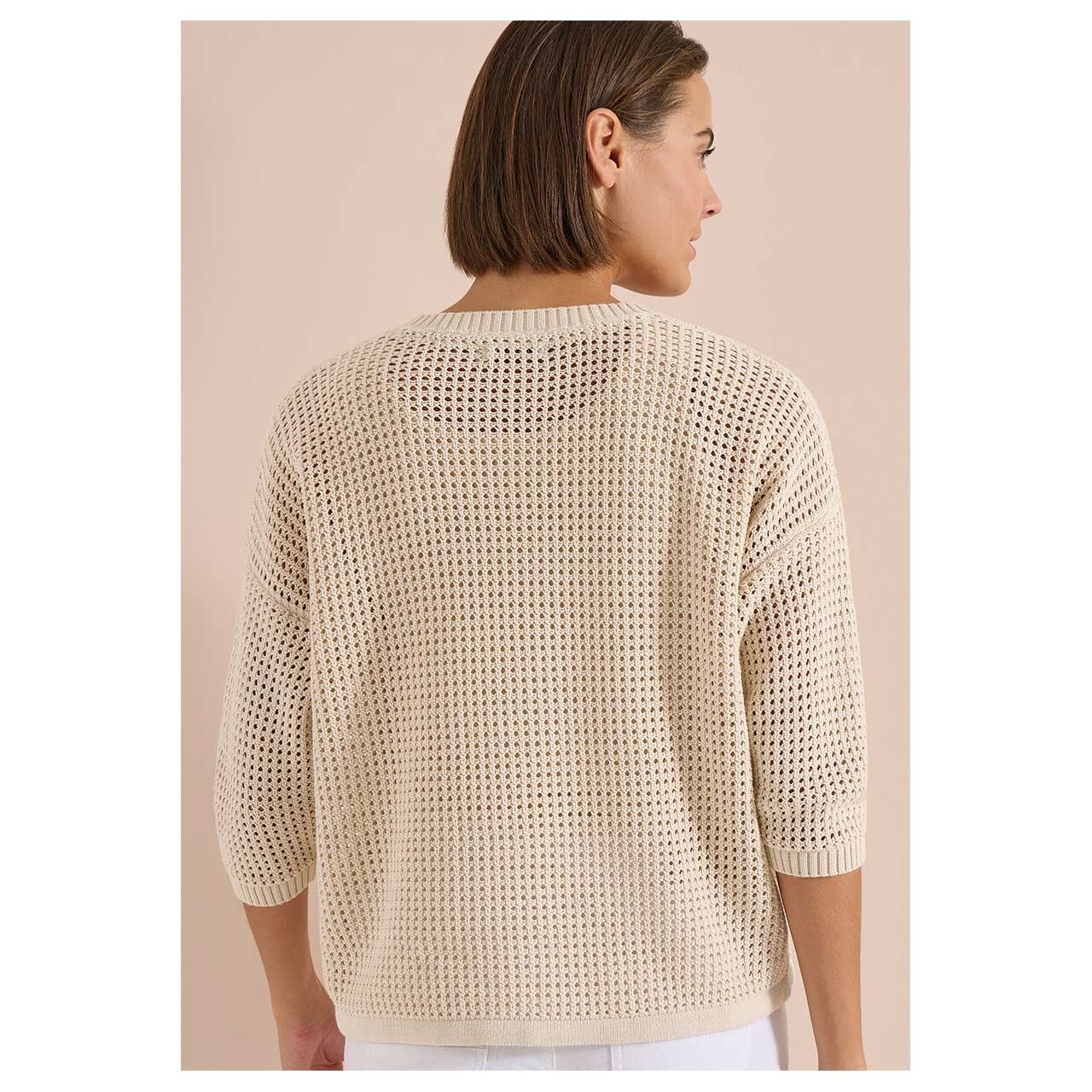 Damen 3/4 Arm Pullover Crochet V-Neck von Cecil in Beige, Rückansicht am Model