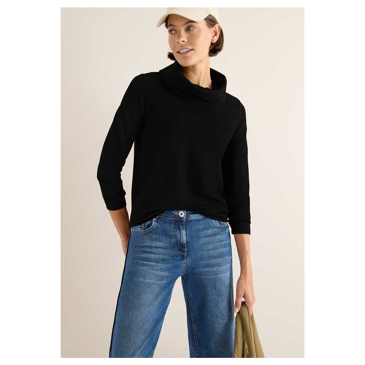Damen Pullover Big Collar von Cecil in Schwarz, Vorderansicht am Model