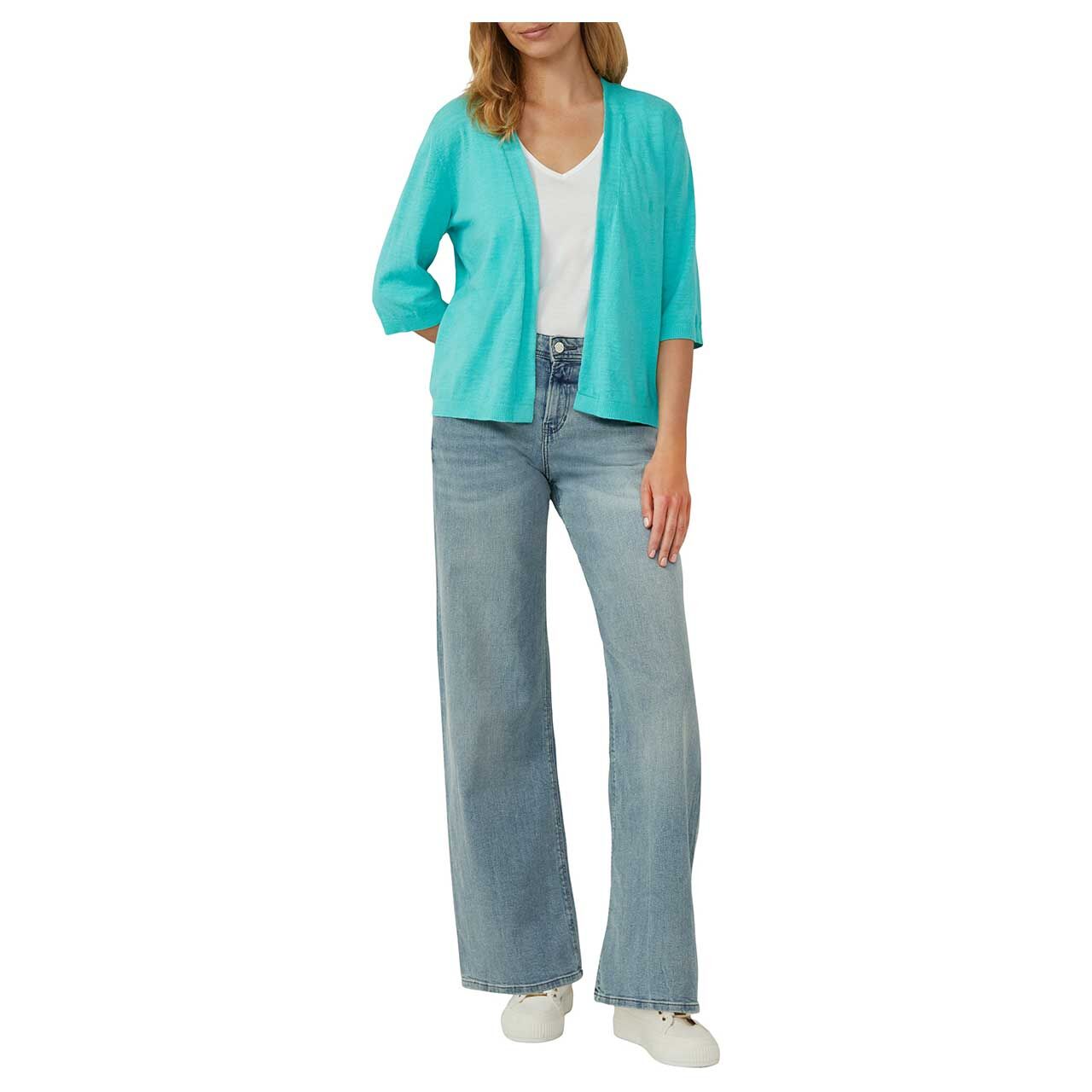 Damen 3/4 Arm Strickjacke von s.Oliver in Türkis, Ganzkörper Vorderansicht Outfit Modell