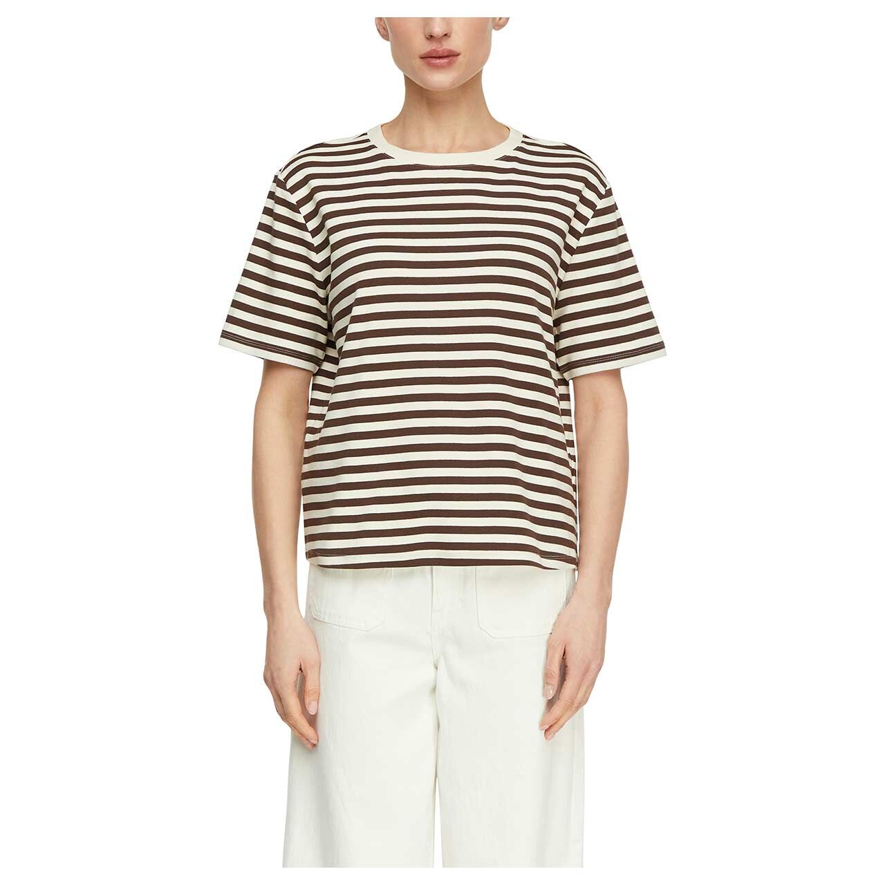 Damen T-Shirt von Comma in Dunkelbraun gestreift, Vorderansicht am Model