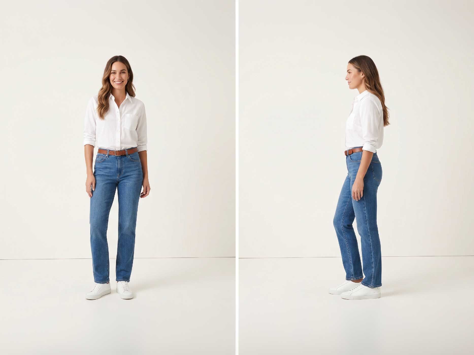 Eine Frau pr&auml;sentiert eine hellblaue Straight-Leg-Jeans vor hellem Studiohintergrund. Die Aufnahme zeigt die Jeans sowohl von vorne als auch von der Seite und verdeutlicht den geraden Beinverlauf vom Oberschenkel bis zum Saum. Dazu tr&auml;gt sie ein wei&szlig;es Hemd, einen braunen G&uuml;rtel und wei&szlig;e Sneaker.