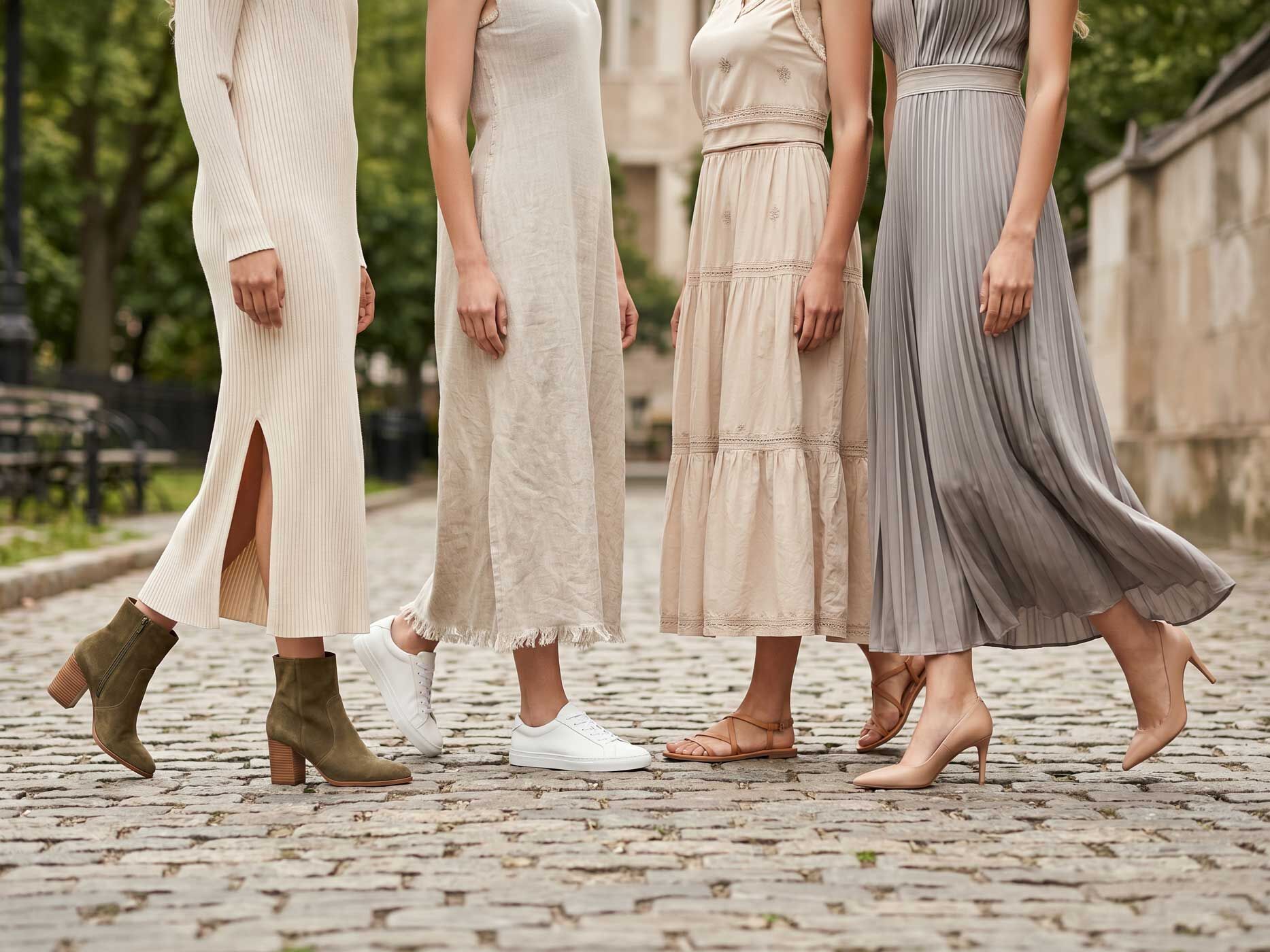 Lange Kleider in Creme, Beige und Grau werden mit weißen Sneakern, beigen Sandalen, nudefarbenen Pumps und olivgrünen Stiefeletten kombiniert.