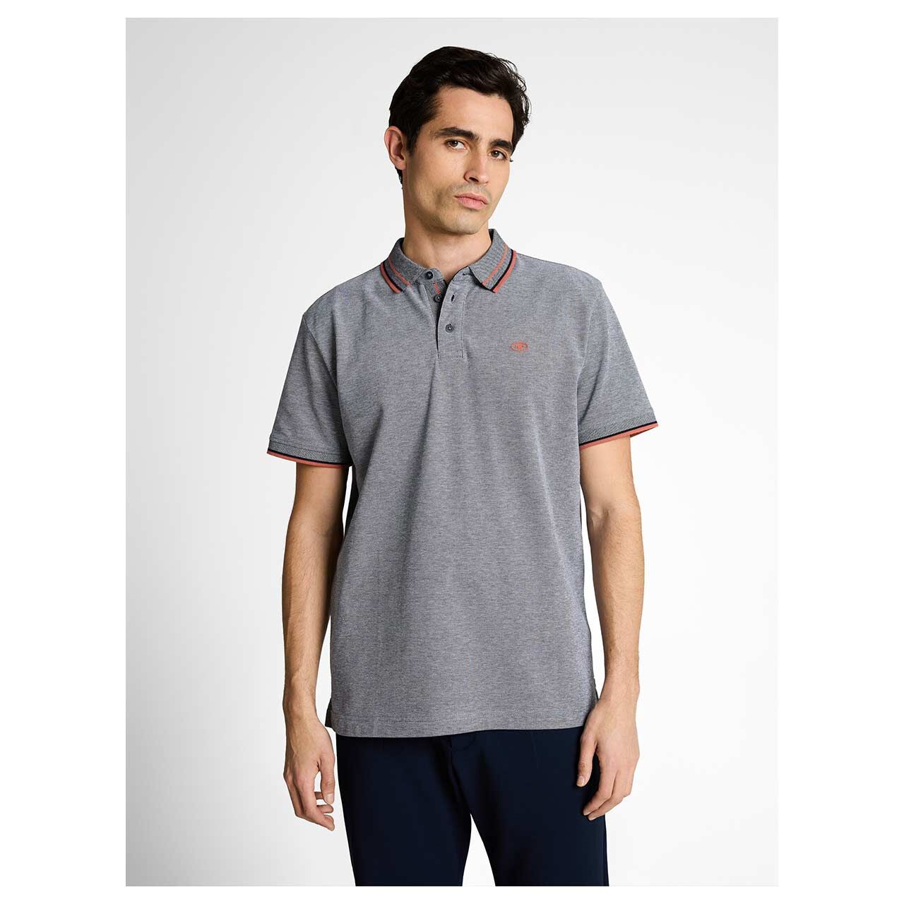 Herren Piqué Poloshirt von Tom Tailor in Dunkelblau meliert, Vorderansicht am Model