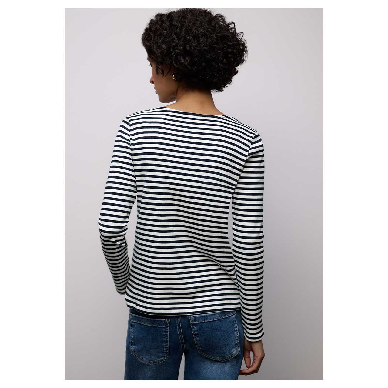 Damen Langarm Shirt U-Boat Stripe von Street One in Dunkelblau gestreift, Rückansicht am Model