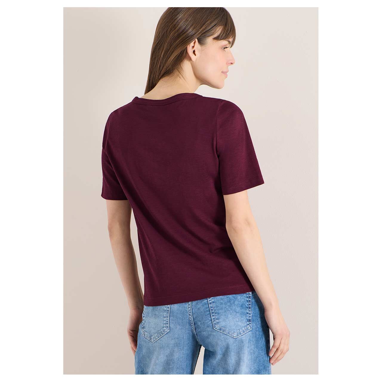 Damen T-Shirt Solid Slubyarn von Cecil in Lila meliert, Rückansicht am Model