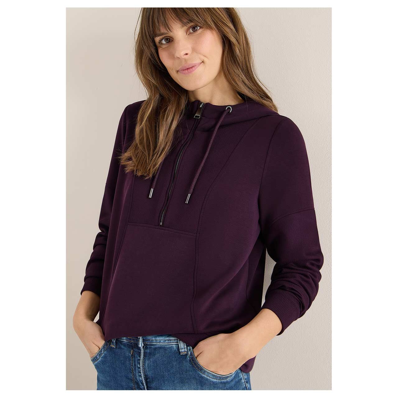 Damen Hoodie Sweatshirt Troyer von Cecil in Lila, Vorderansicht am Model