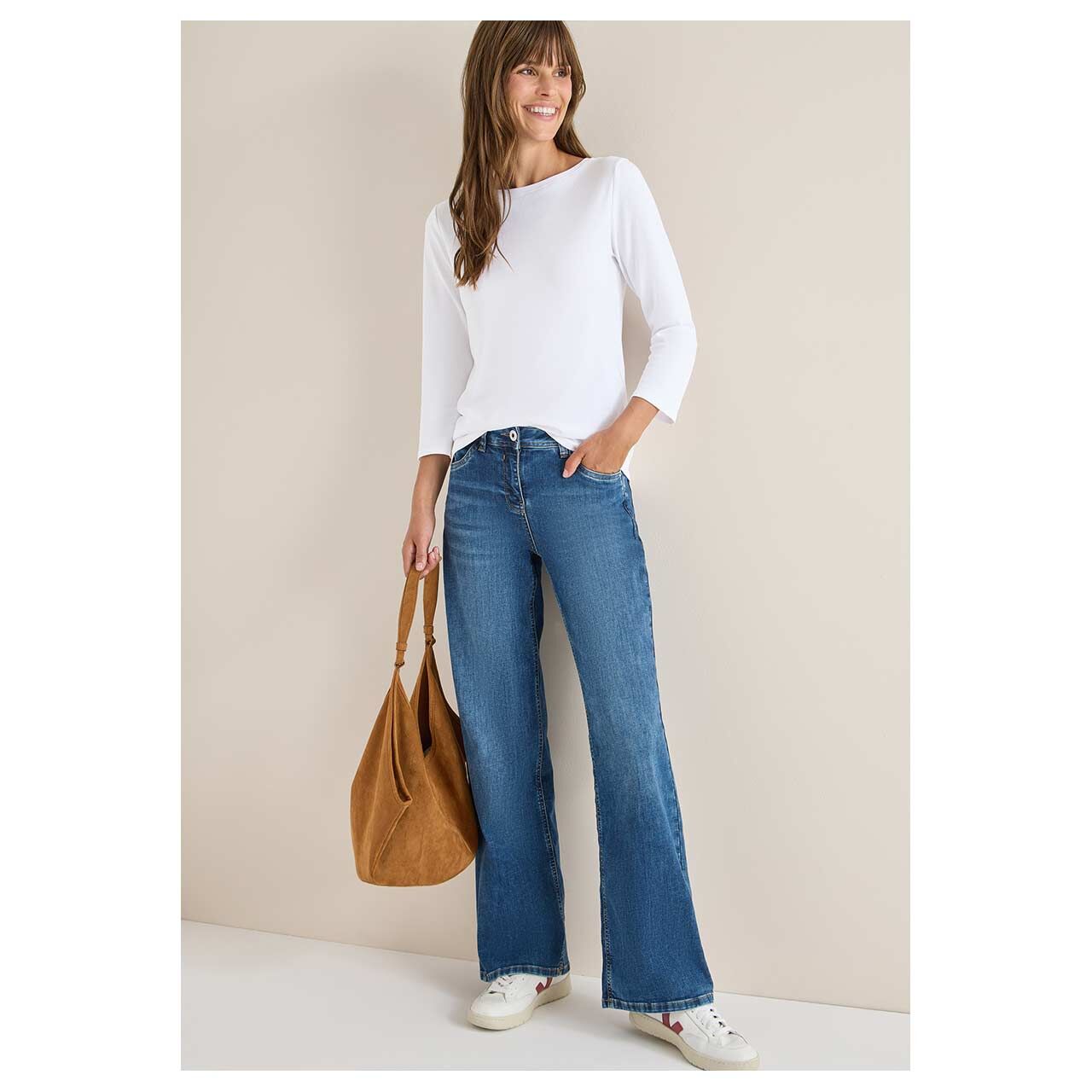 Damen 3/4 Arm Shirt Basic Boatneck von Cecil in Weiß, Vorderansicht am Model