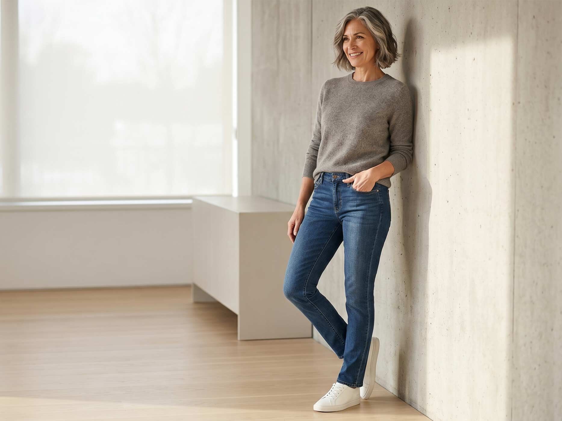 Eine Frau tr&auml;gt eine bequeme blaue Slim Fit Jeans mit einem grauen Strickpullover und wei&szlig;en Sneakern in einem modernen Innenraum.