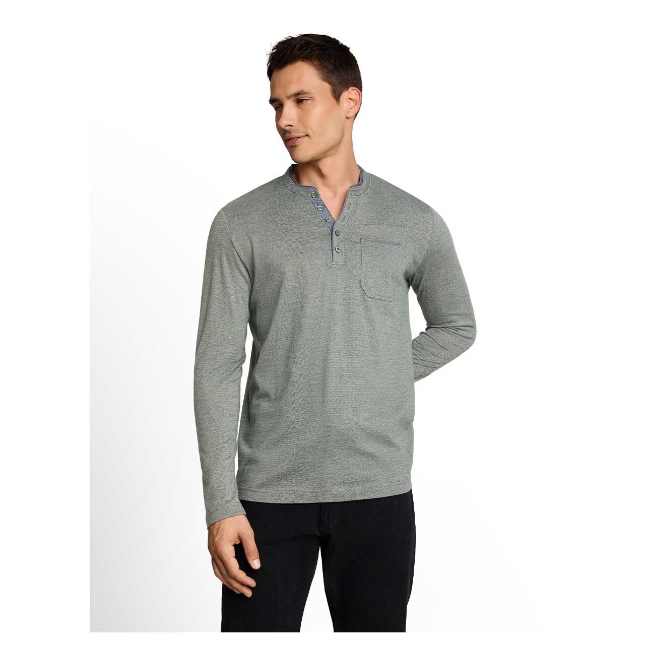 Herren Serafino Langarm Shirt von Tom Tailor in Grün meliert, Vorderansicht am Model