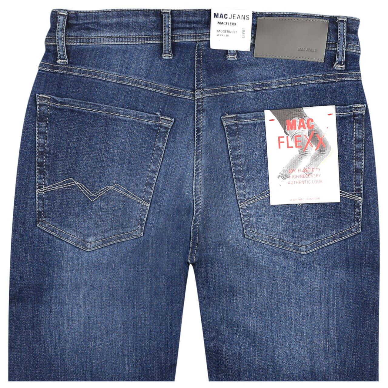 mac-jeans-macflexx-bluewashed-h559-hinten Stretch Herrenjeans Flexx von MAC in Mittelblau verwaschen mit der Farbnummer H559, detaillierte Rückansicht