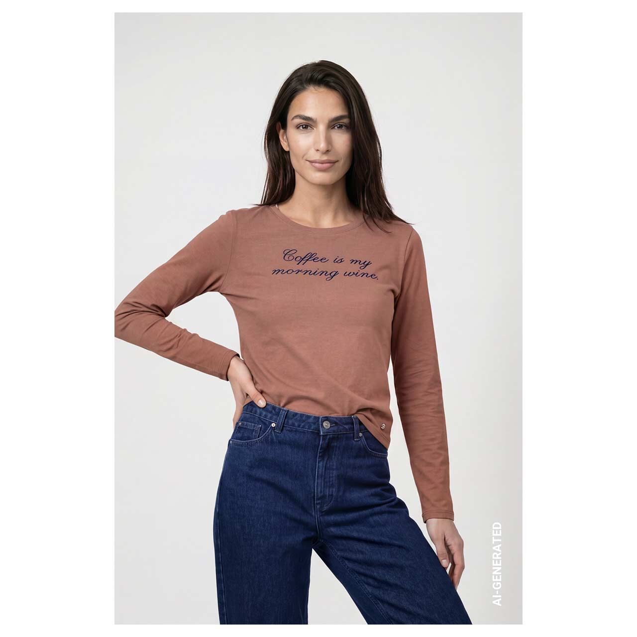 Damen Langarm Shirt von Monari in Braun mit Print, Vorderansicht am Model