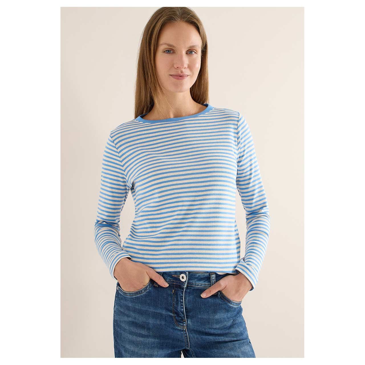 Damen Langarm Shirt Basic Melange Stripe von Cecil in Blau gestreift, Vorderansicht am Model
