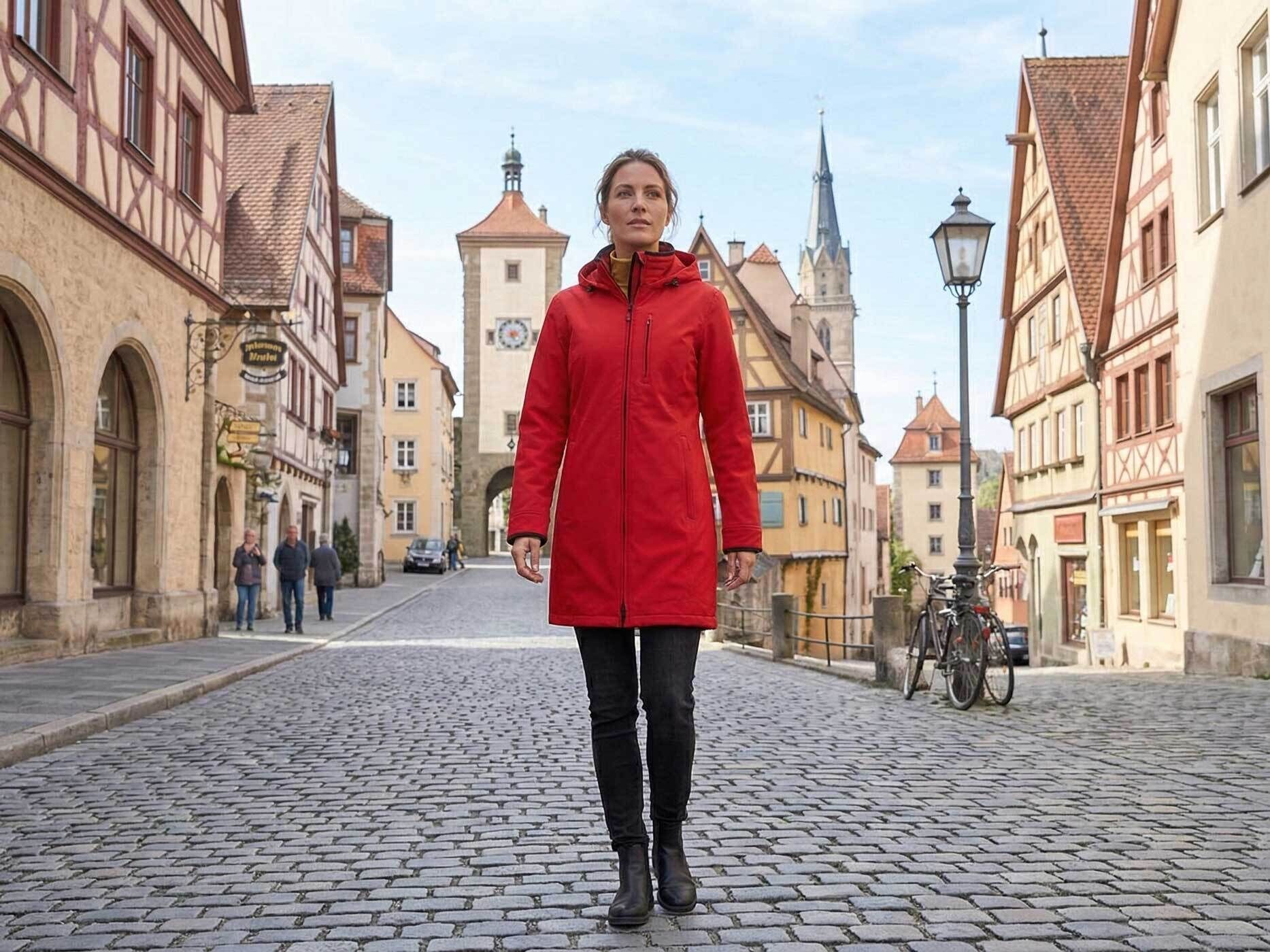 Frau trägt eine rote Wellensteyn Westwind Damen Übergangsjacke in historischer Altstadt