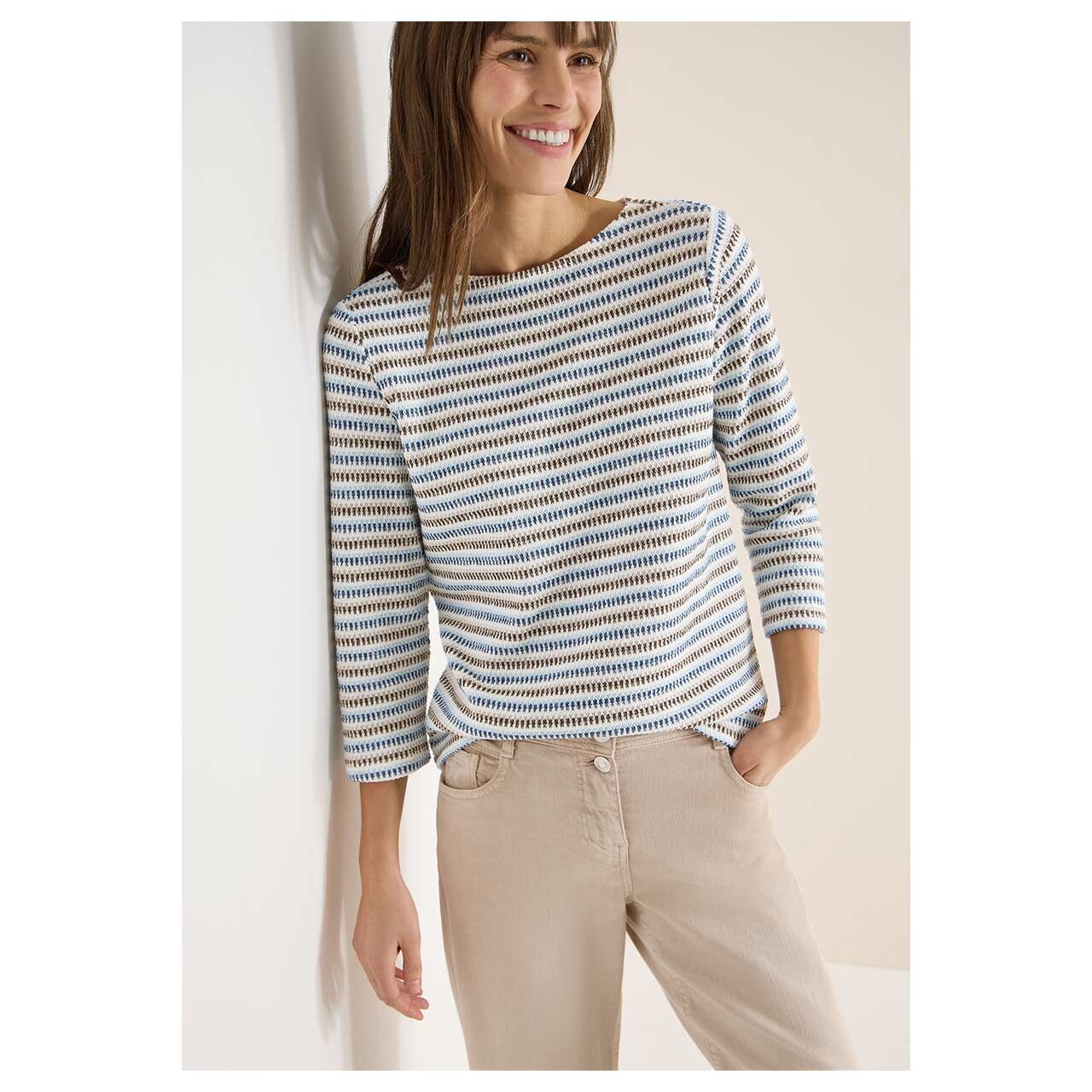 Damen 3/4 Arm Shirt Multi Stripe Knit von Cecil in Blau gestreift, Vorderansicht am Model