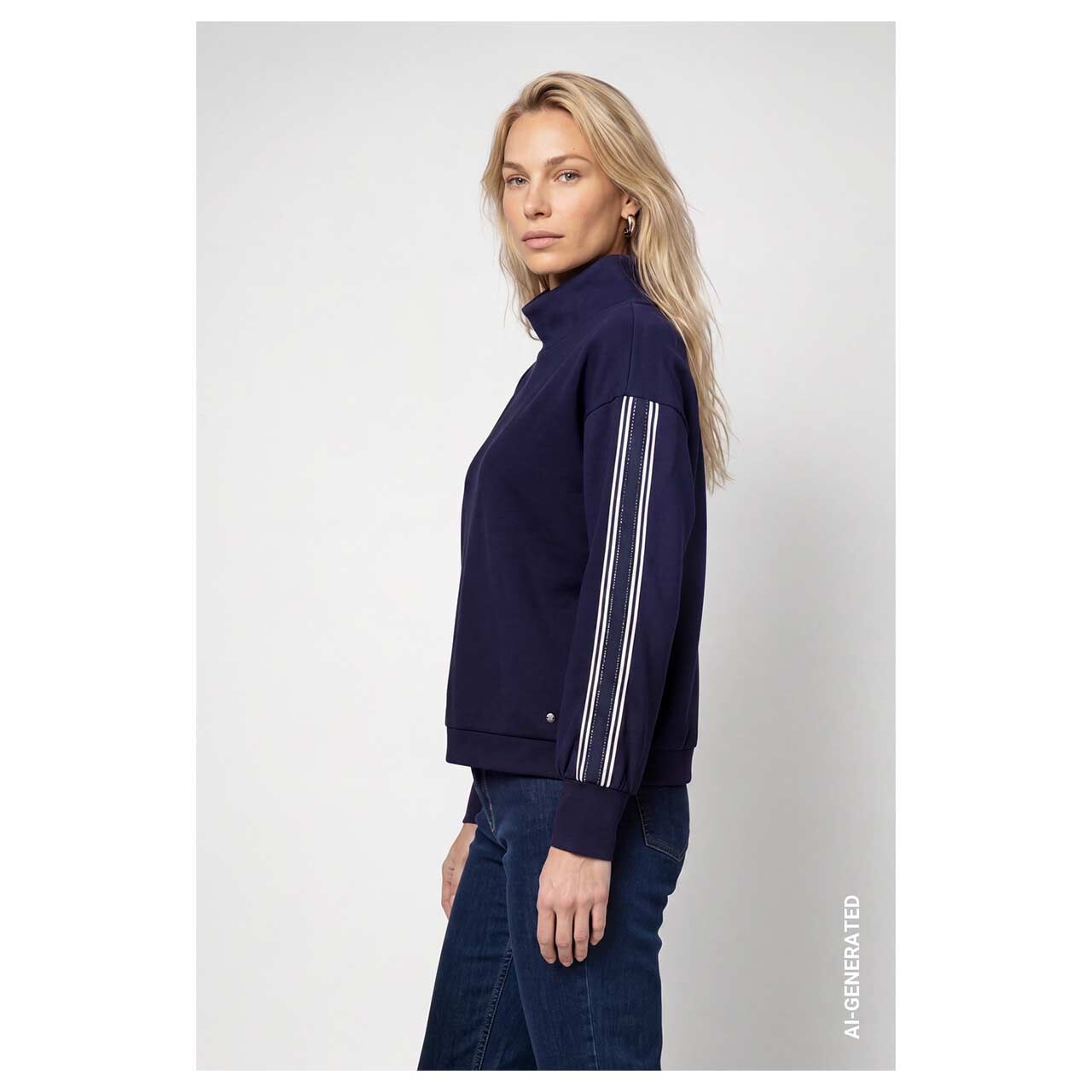 Damen Sweatshirt von Monari in Dunkelblau mit Strass, Seitenansicht am Model