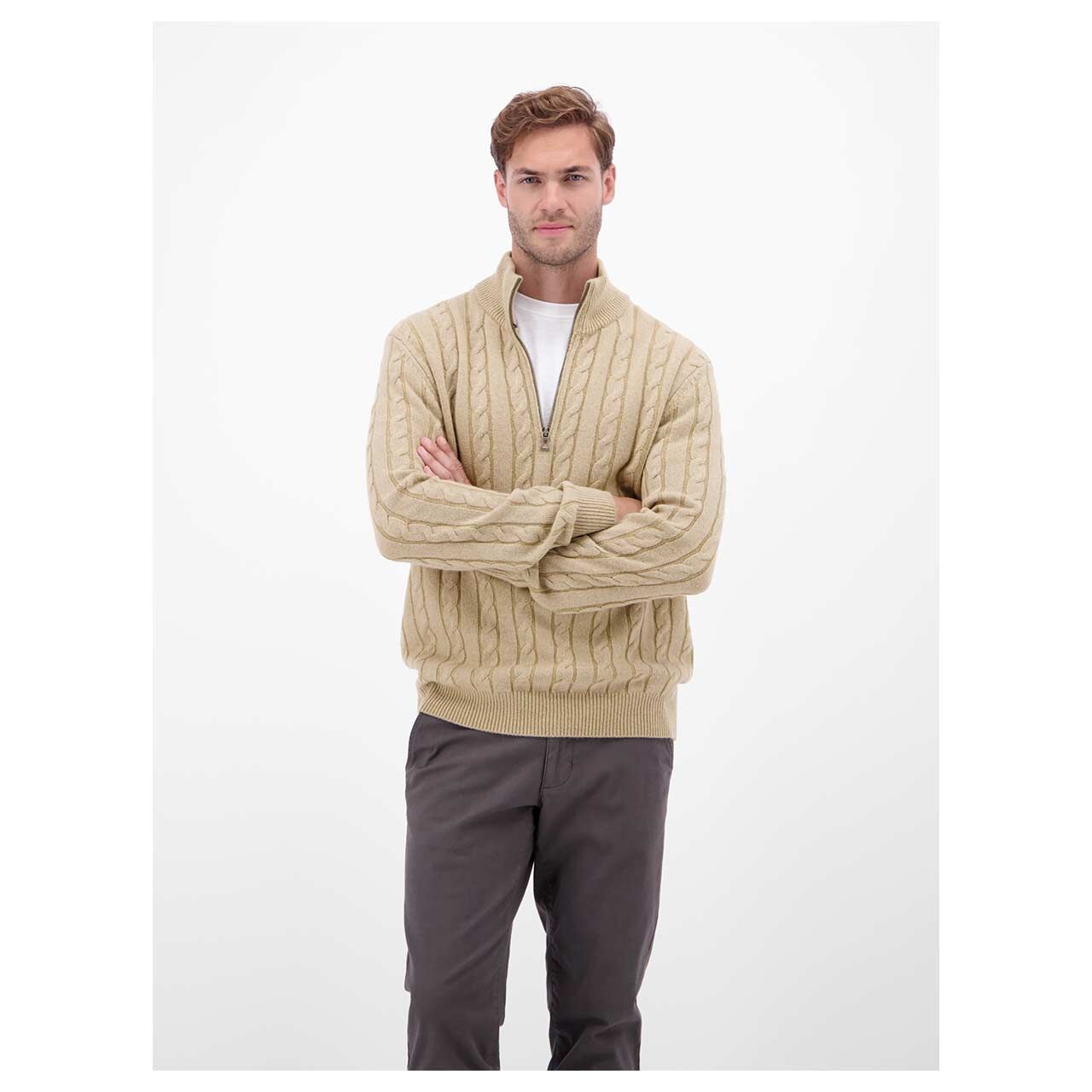 Herren Pullover Troyer von Lerros in Beige meliert, Vorderansicht am Model