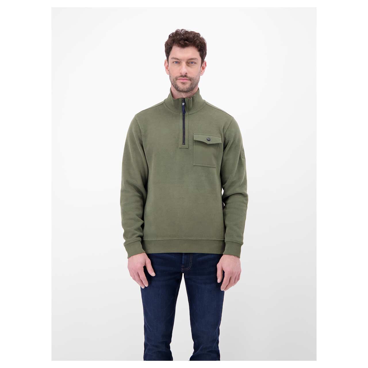 Herren Sweatshirt Troyer von Lerros in Dunkelgrün, Vorderansicht am Model