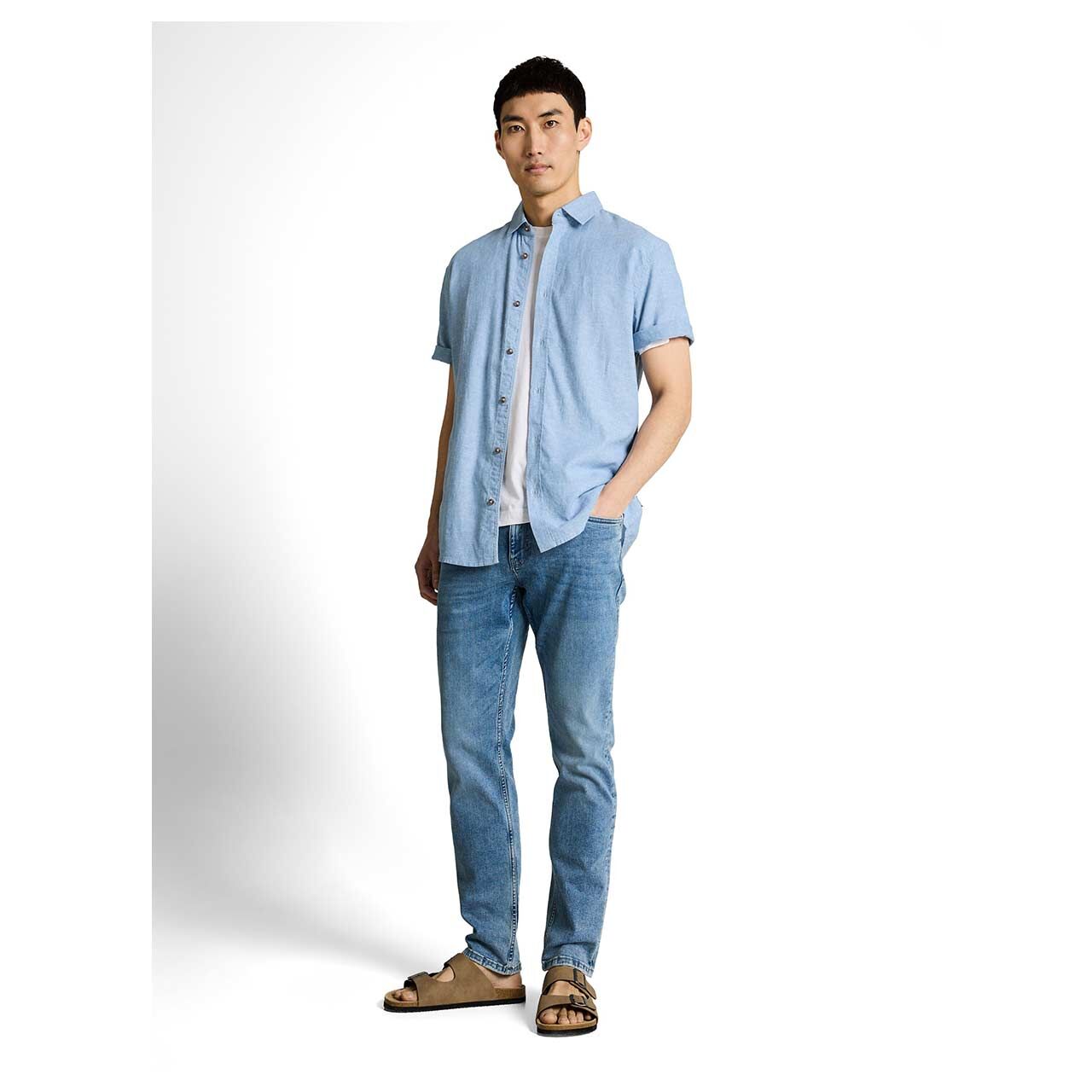 Herren 1/2 Arm Leinen Hemd Cotton Linen von Tom tailor in Hellblau meliert, Ganzkörperansicht am Model