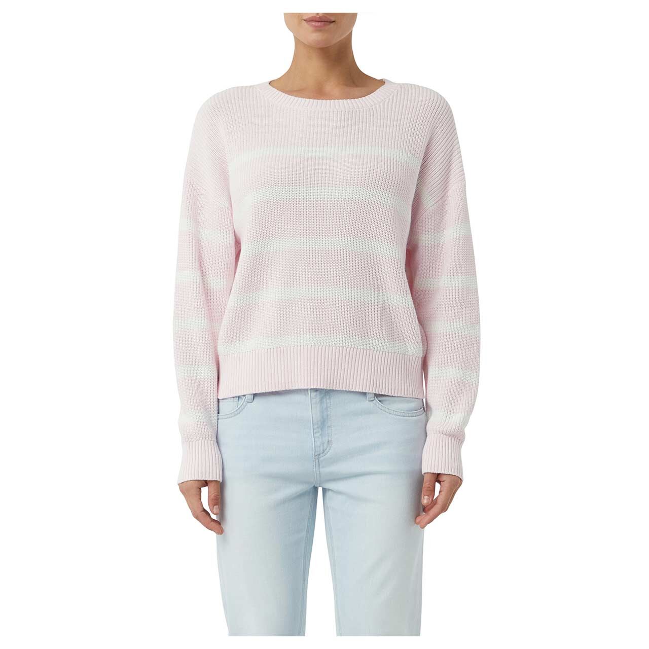 Nahaufnahme Model, Vorderansicht des Damen Pullovers von s.Oliver in Rosa mit Print 