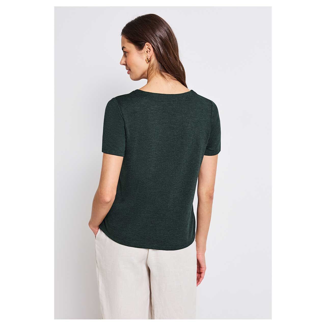 Damen T-Shirt Linen Look with Crochet von Street One in Dunkelgrün, Rückansicht Oberkörper getragen