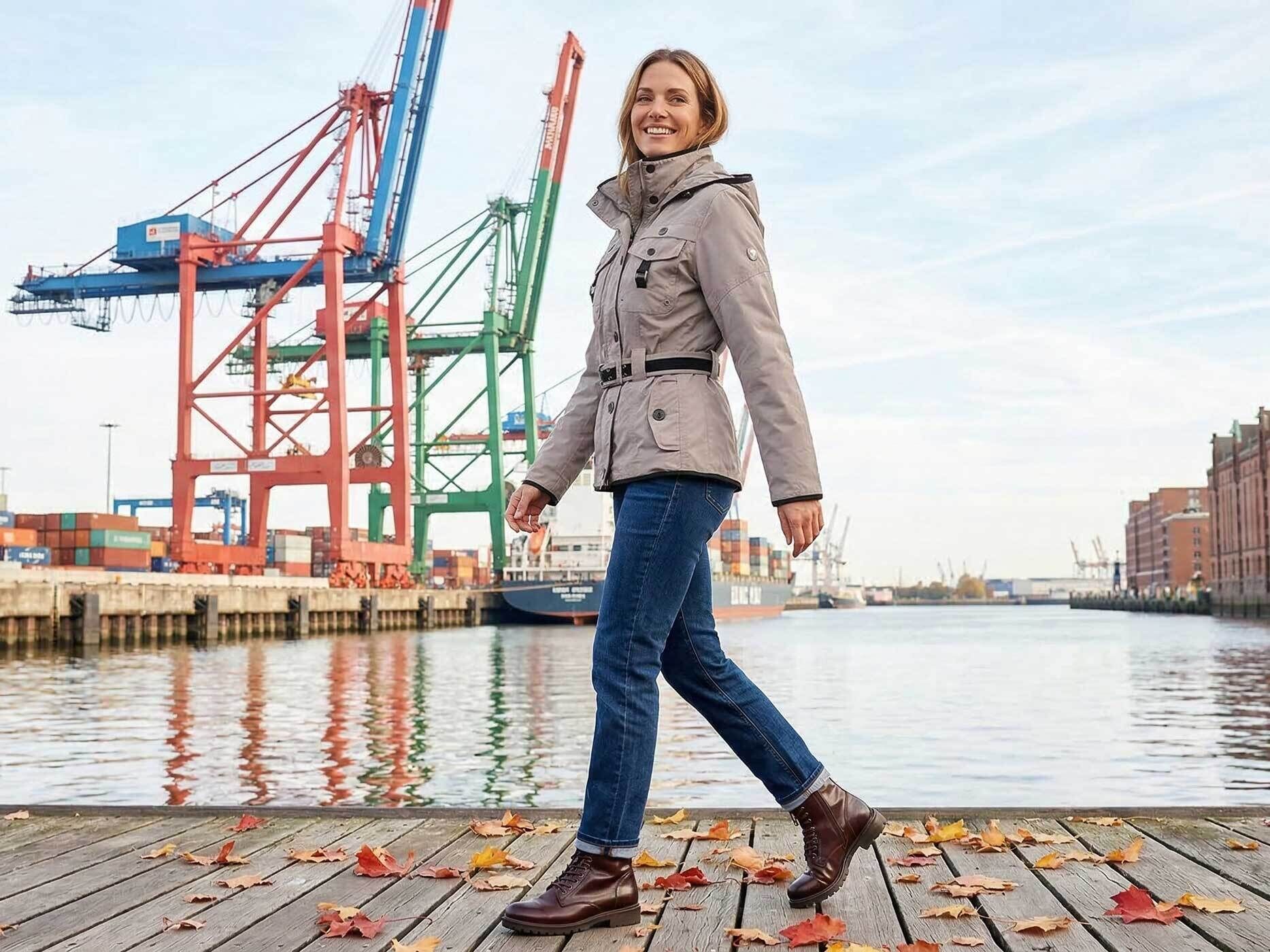Frau tr&auml;gt eine beige Wellensteyn Chocandy Damen &Uuml;bergangsjacke vor einer Hafenkulisse