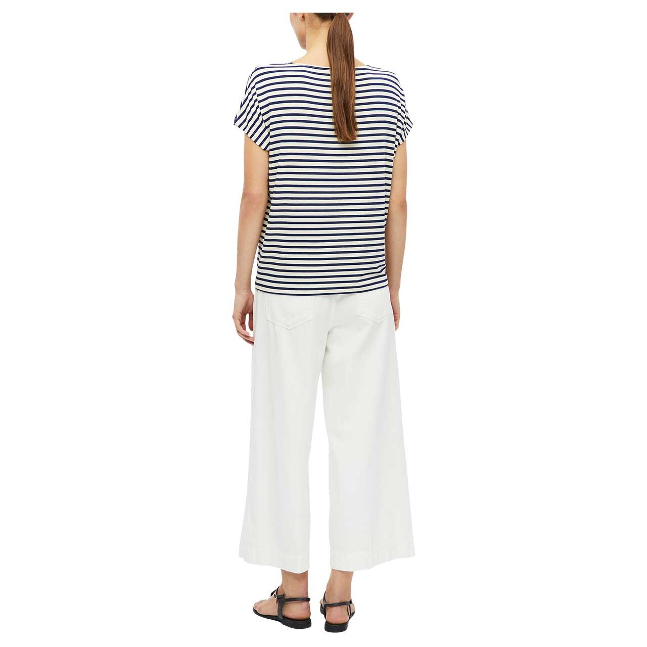 s. Oliver Damen T-Shirt in Dunkelblau gestreift, Rückansicht am Model