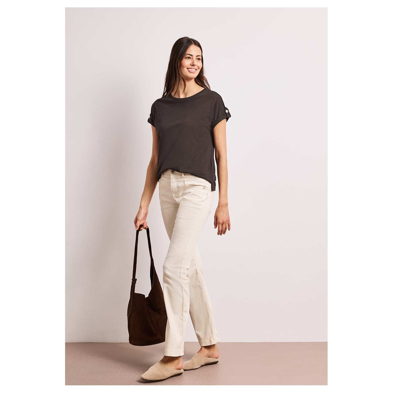 Damen T-Shirt Basic Deco Buttons von Street One in Dunkelbraun meliert, Ganzkörperansicht Model vorne