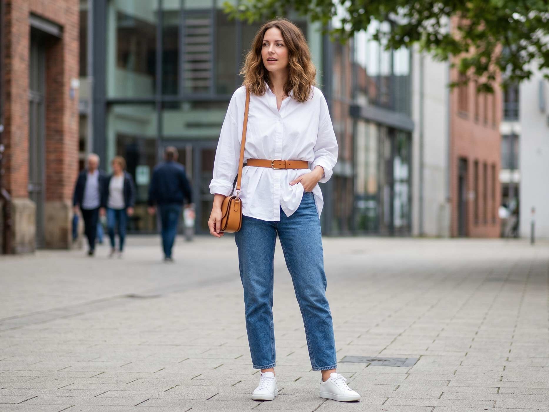 Eine Frau tr&auml;gt eine wei&szlig;e Bluse mit braunem G&uuml;rtel zur Taille kombiniert mit blauer Jeans und wei&szlig;en Sneakern f&uuml;r einen entspannten Alltagslook.
