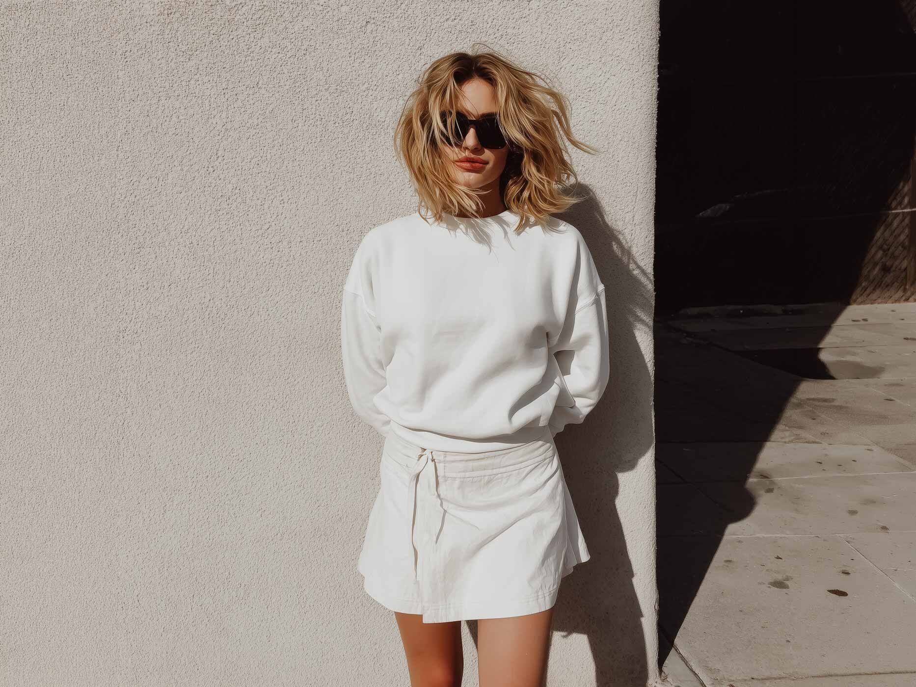Eine Frau tr&auml;gt einen wei&szlig;en kurzen Rock und dazu einen kurz geschnittenen, wei&szlig;en Pullover.