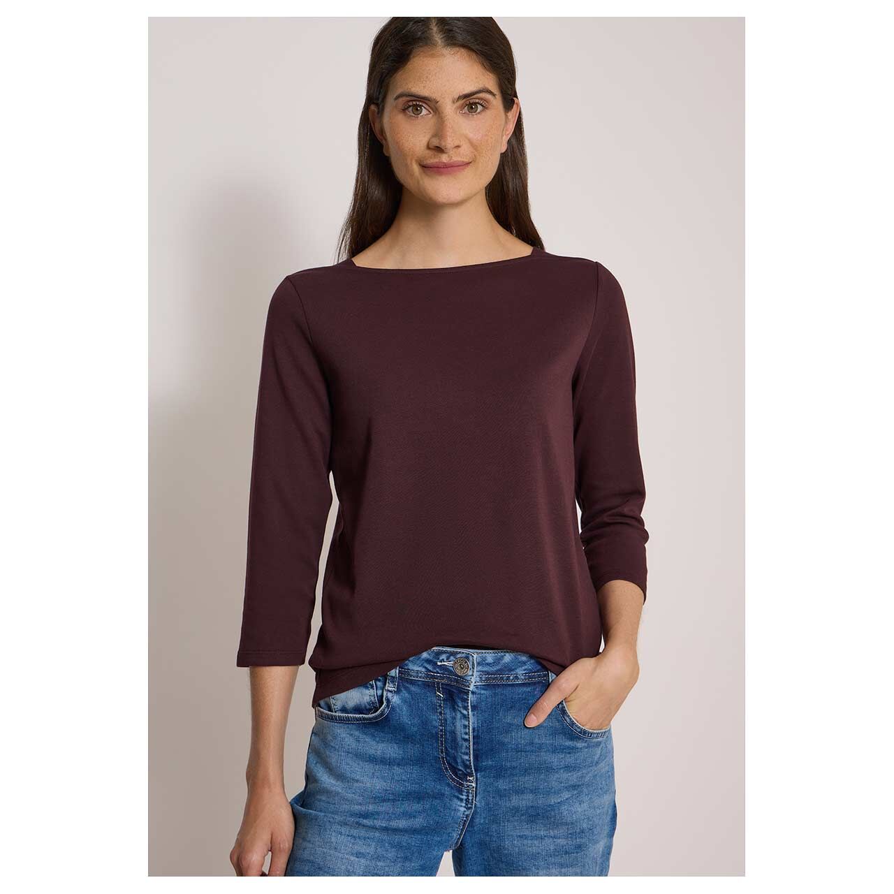 Damen 3/4 Arm Shirt Basic Boatneck von Cecil in Lila, Vorderansicht am Model