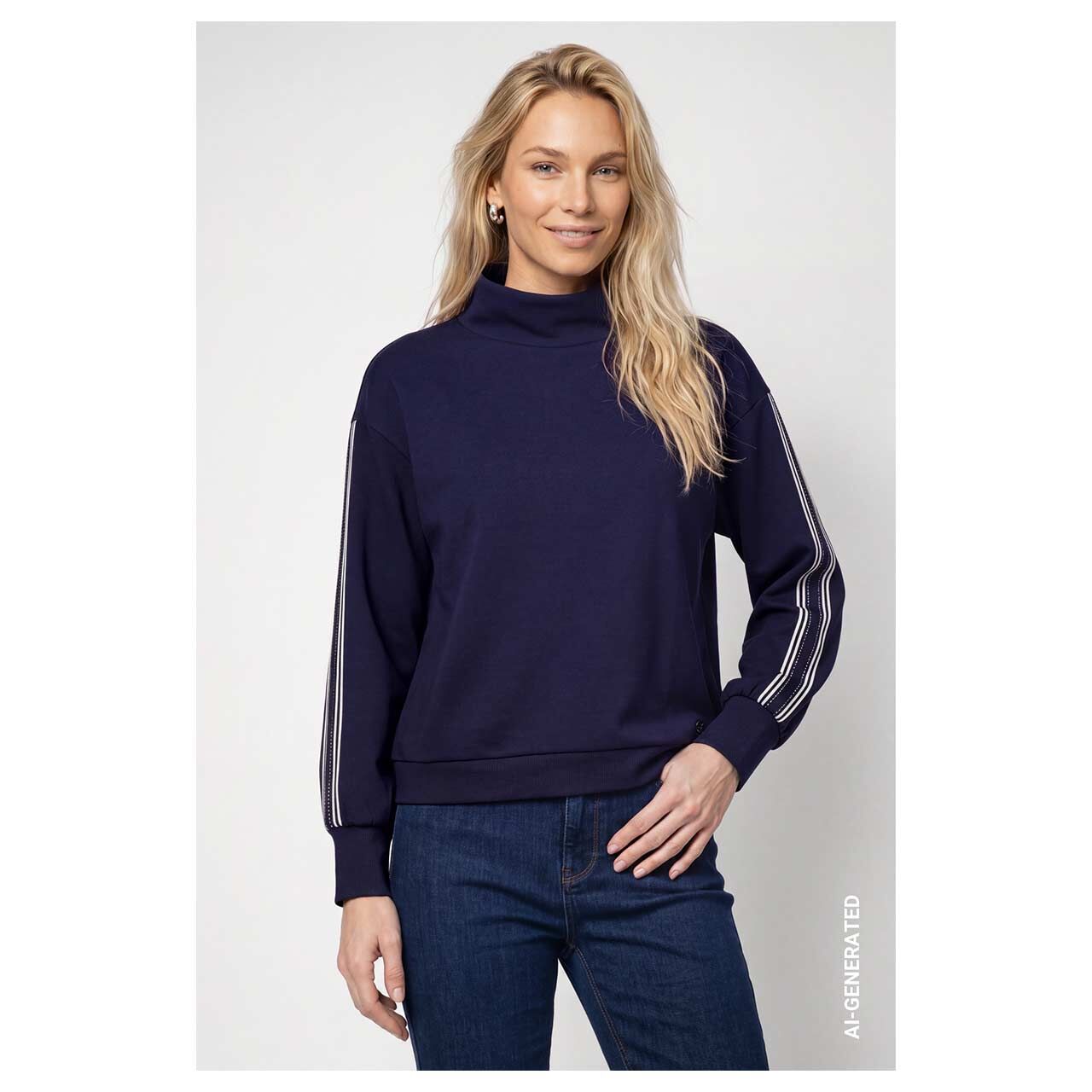 Damen Sweatshirt von Monari in Dunkelblau mit Strass, Vorderansicht am Model
