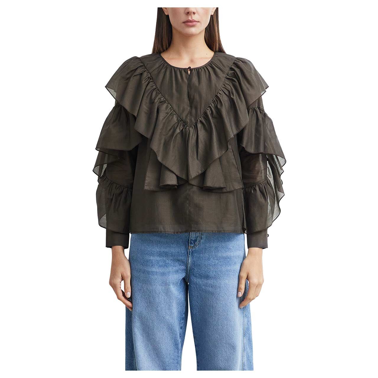 Damen Langarm Bluse von Comma in Dunkelbraun, Vorderansicht am Model