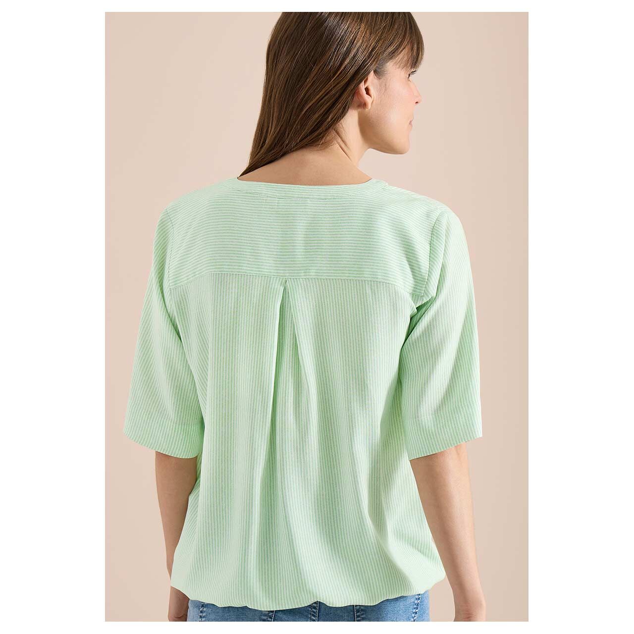 Damen Kurzarm Bluse Printed Stripe von Cecil in Hellgrün gestreift, Rückansicht am Model