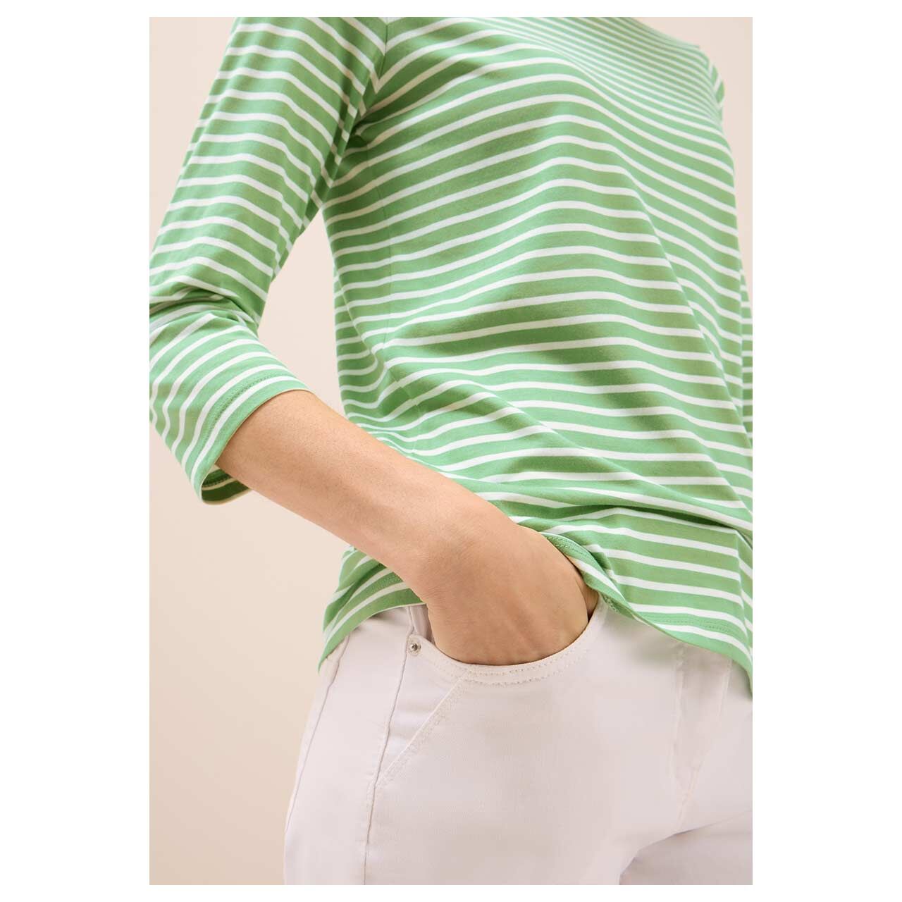Damen 3/4 Arm Shirt Basic Stripe Boatneck von Cecil in Grün gestreift, Detailansicht am Model