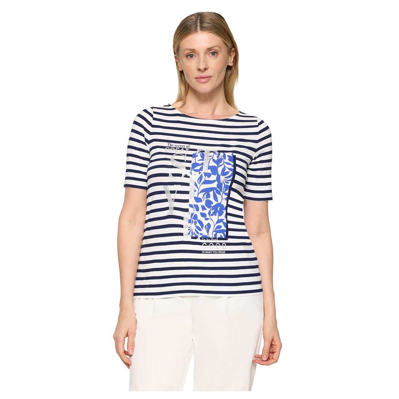 Damen T-Shirt von Betty Barclay in Dunkelblau gestreift, Vorderansicht am Model