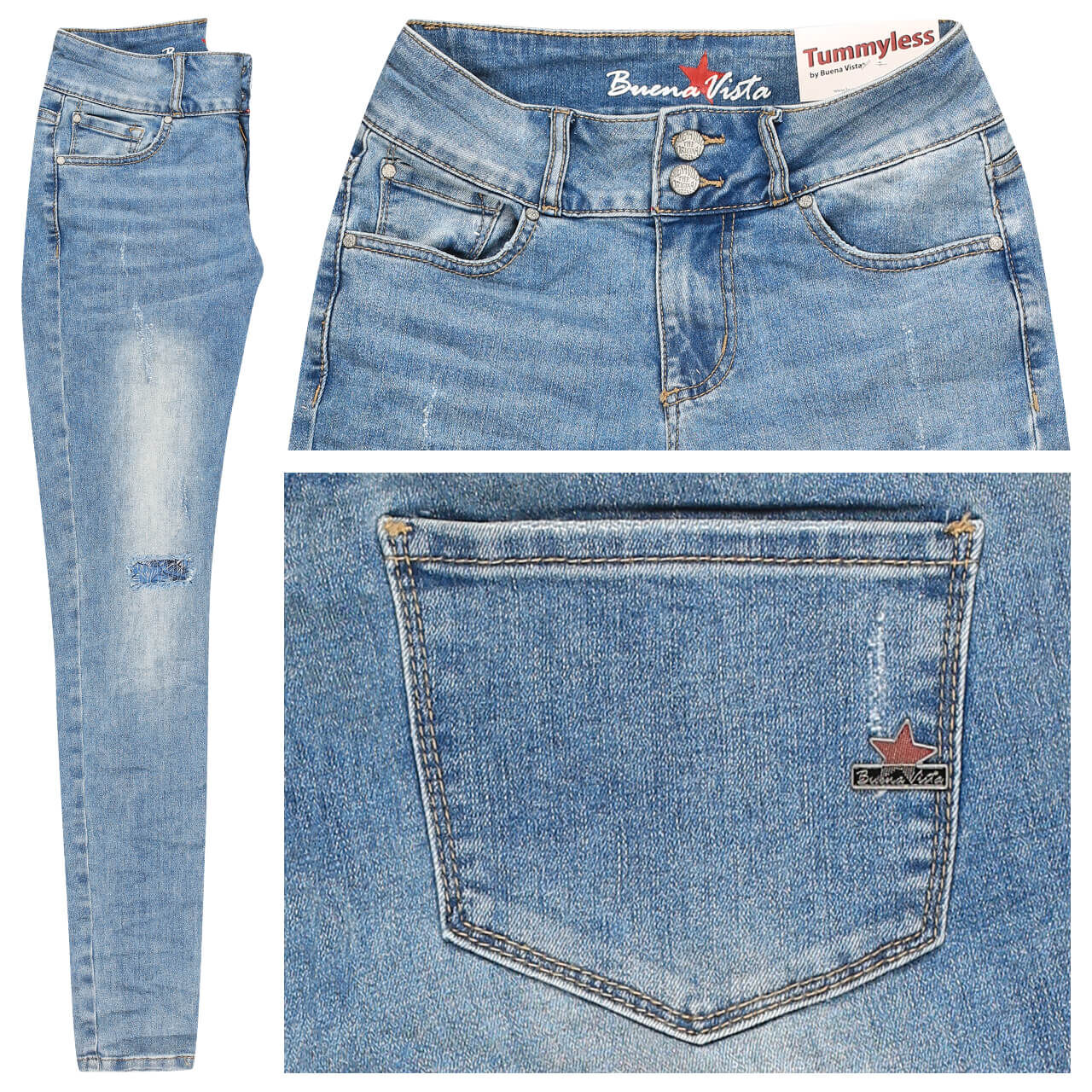 Buena Vista Jeans Tummyless Stretch Denim für Damen in Blau mit Destroyed-Effekten, FarbNr.: 5799