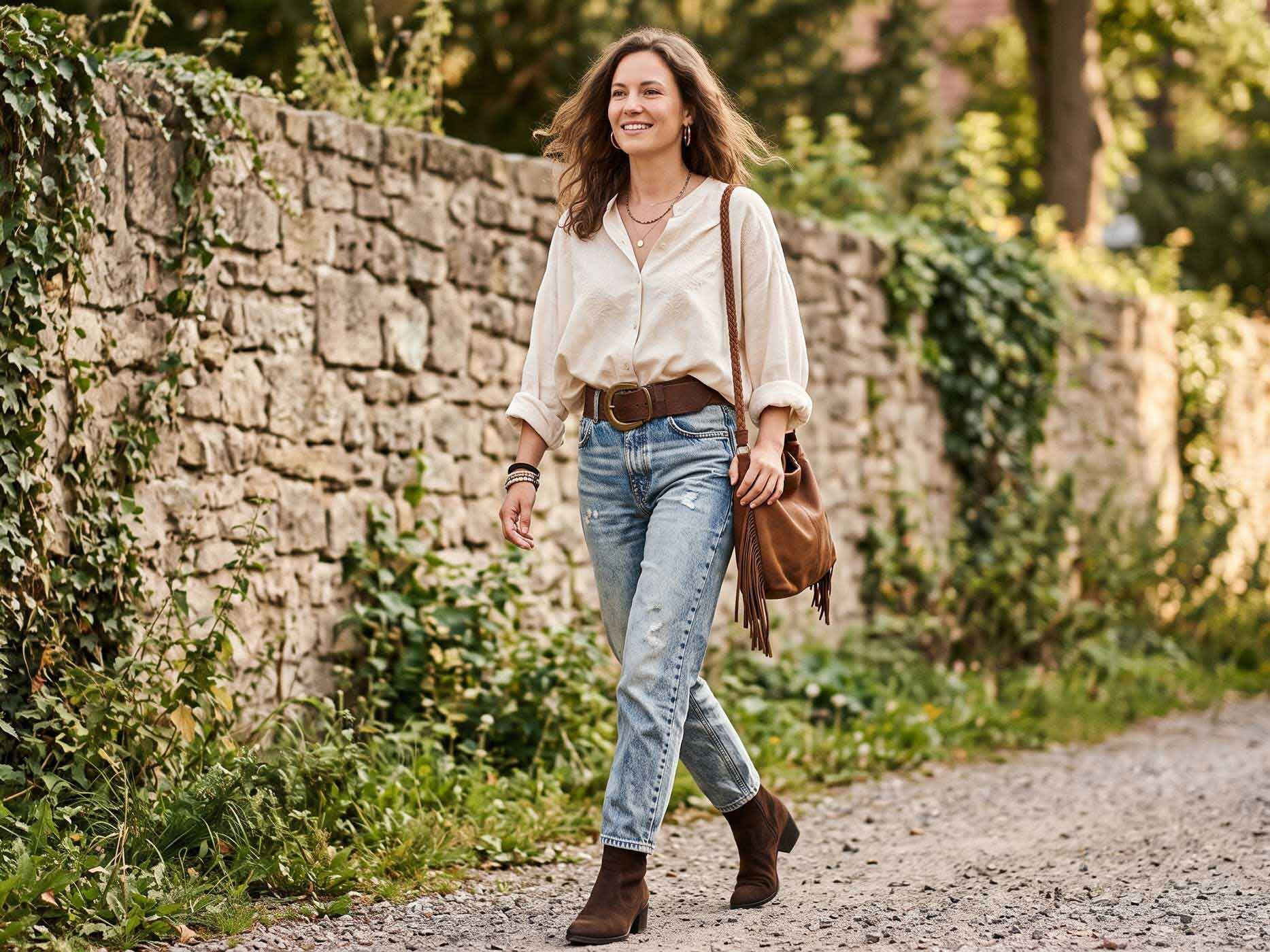 Eine Frau trägt bei einem Spaziergang im Grünen eine hellblaue Jeans mit breitem braunem Gürtel, cremefarbener Bluse und braunen Stiefeletten.
